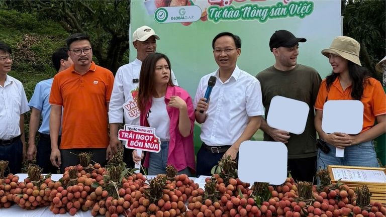 Phó Chủ tịch tỉnh Bắc Ninh livestream cùng người dân bán vải thiều. | Nguồn: VnExpress