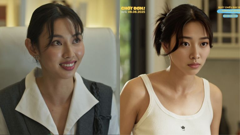 Thùy Tiên (trái) và diễn viên A.I. (phải) được sử dụng để thay thế cô trong phim Chốt Đơn. | Nguồn: MAR6 Pictures/ Galaxy Studio