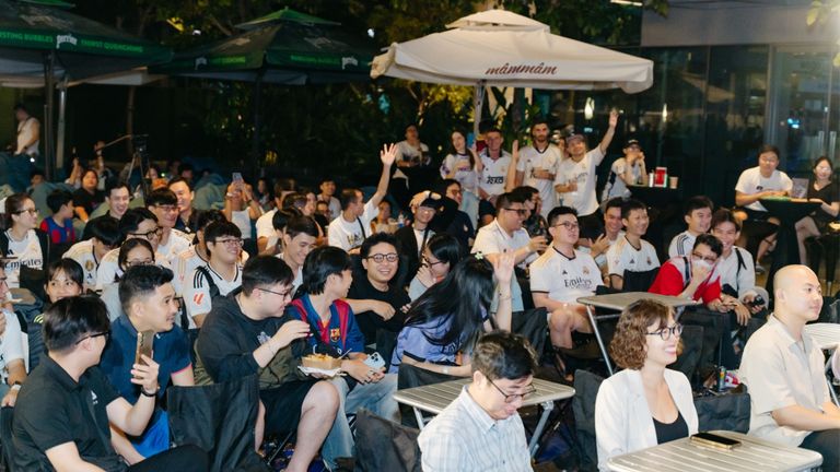 400 fans pack out Nexus Square to attend a screening of the El Clasico. | Source: Mam Mam Eatery & Lounge
