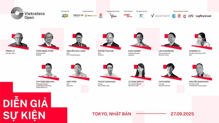 Dàn “line-up” diễn giả gồm các chuyên gia và nhà lãnh đạo tiên phong trong nhiều lĩnh vực, sẽ có mặt tại sự kiện Vietcetera Open - Tokyo, Nhật Bản sắp tới. | Nguồn: Vietcetera