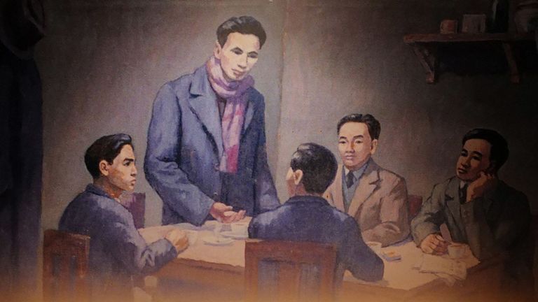 Ảnh chụp lại tranh của họa sĩ Phi Hoanh về Hội nghị thành lập Đảng Cộng sản Việt Nam ngày 3/2/1930. Nguồn: Báo Nhân Dân